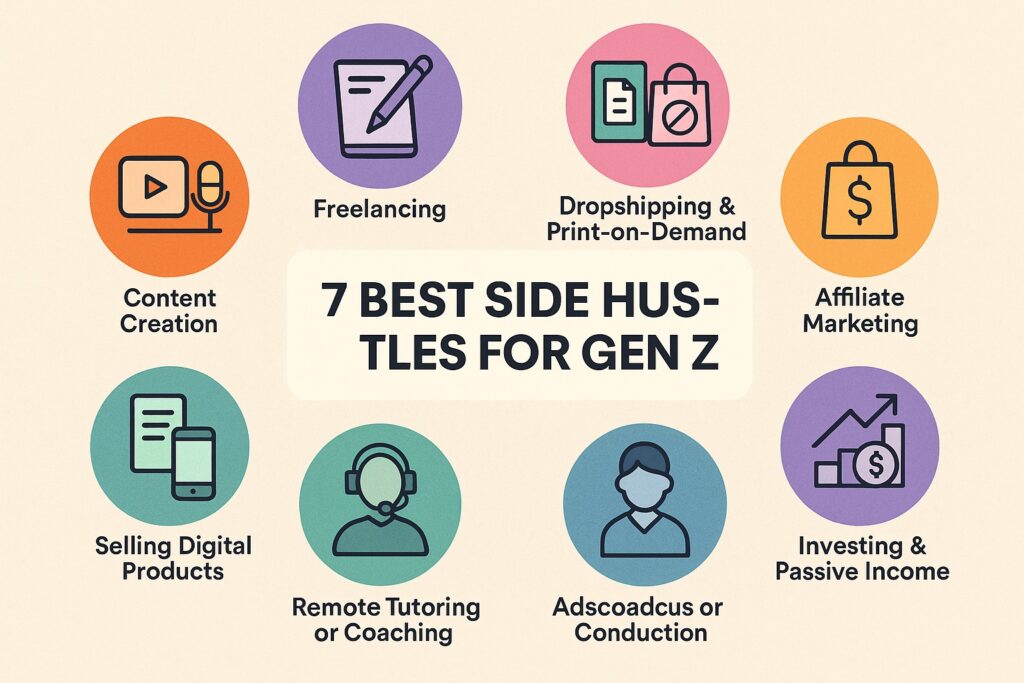 Infographic showing the 7 best side hustles for Gen Z including content creation, freelancing, dropshipping, affiliate marketing, investing, tutoring, and digital products.