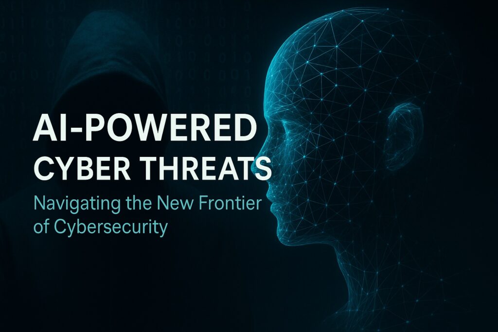 Digital illustration of AI-powered cyber threats featuring a wireframe AI face and a hooded hacker, symbolizing modern cybersecurity challenges.