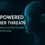 Digital illustration of AI-powered cyber threats featuring a wireframe AI face and a hooded hacker, symbolizing modern cybersecurity challenges.