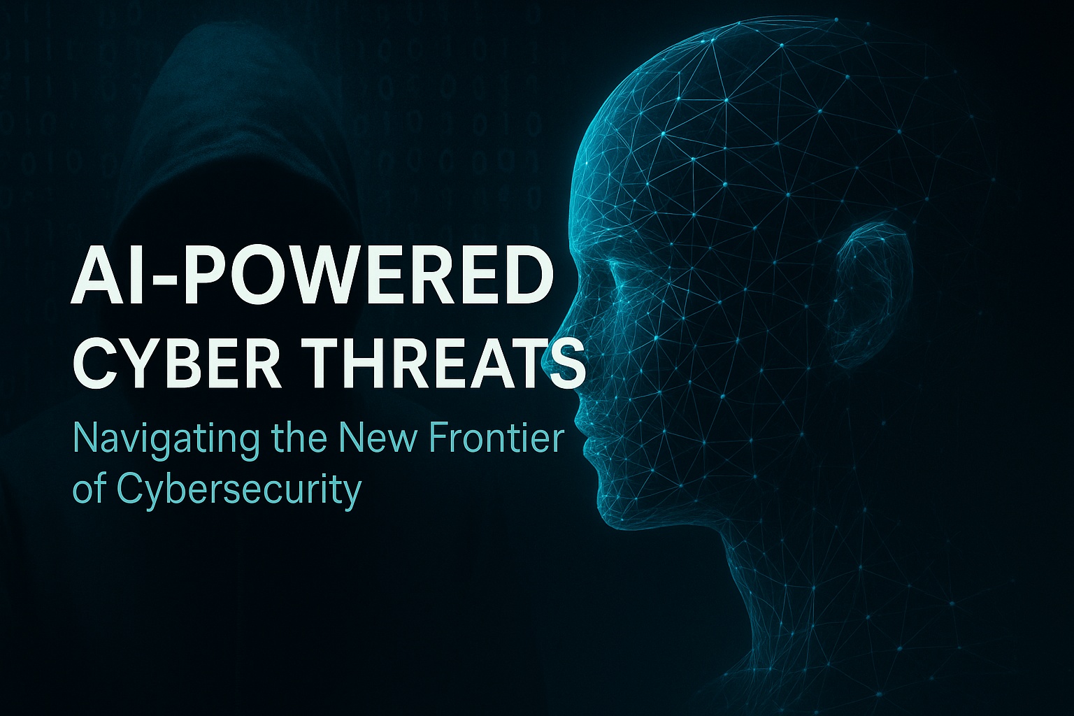 Digital illustration of AI-powered cyber threats featuring a wireframe AI face and a hooded hacker, symbolizing modern cybersecurity challenges.