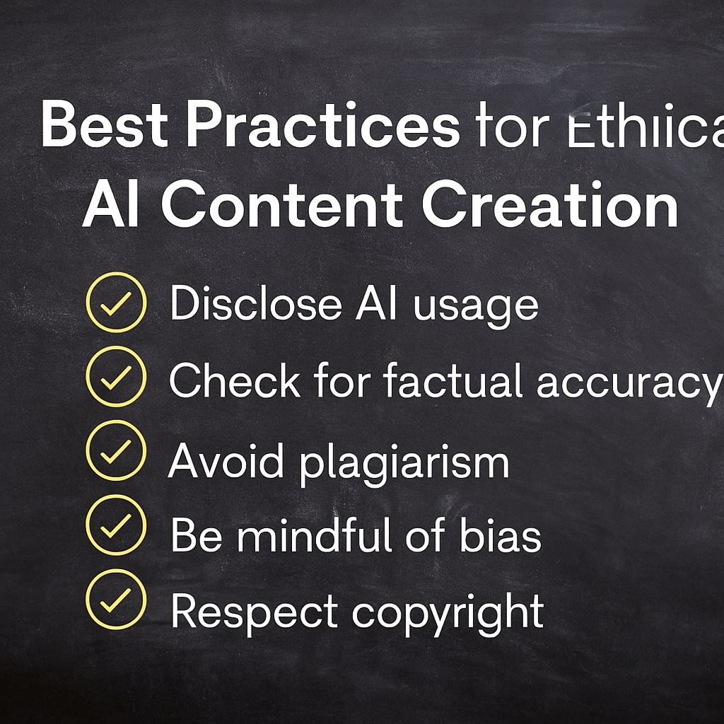 A chalkboard-style infographic listing best practices for ethical AI content creation, including disclosure, accuracy, originality, bias awareness, and copyright respect.