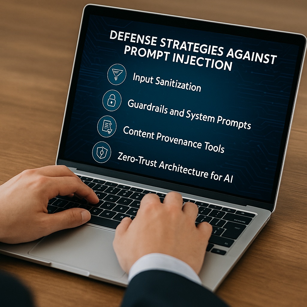 Hands of a professional typing on a laptop displaying defense strategies against prompt injection in AI security.