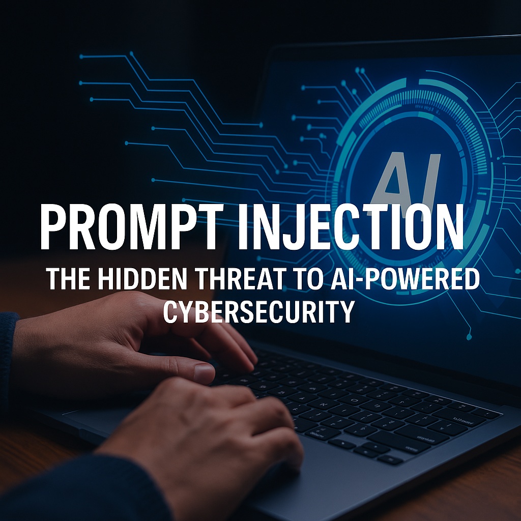 Person typing on a laptop with AI interface and digital circuit overlay, illustrating the concept of prompt injection in cybersecurity.