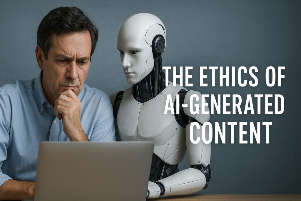 A concerned man and a humanoid robot looking at a laptop together, illustrating the ethical challenges of AI-generated content.