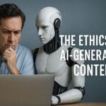 A concerned man and a humanoid robot looking at a laptop together, illustrating the ethical challenges of AI-generated content.