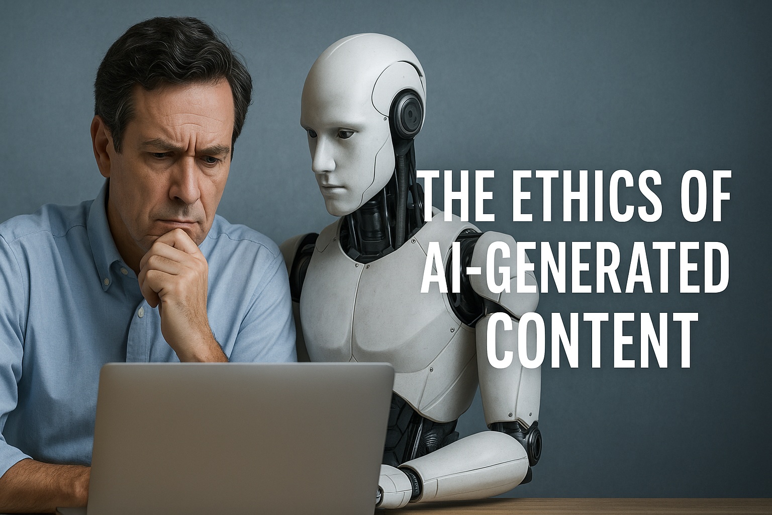A concerned man and a humanoid robot looking at a laptop together, illustrating the ethical challenges of AI-generated content.