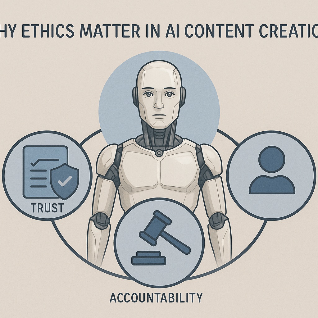 A humanoid robot surrounded by icons representing Trust, Accountability, and Transparency, highlighting the importance of ethics in AI content creation.