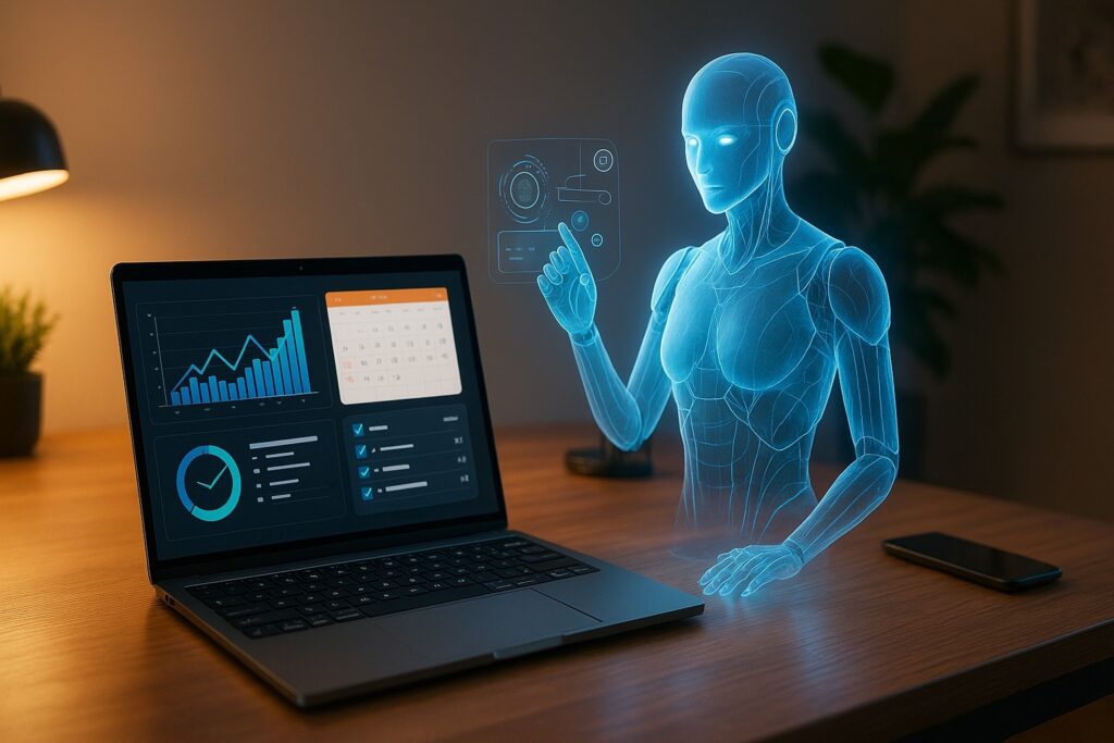 A holographic AI assistant interacting with a laptop displaying productivity charts, calendar, and task list on a wooden desk in a modern workspace.