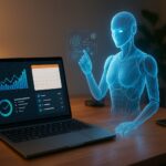 A holographic AI assistant interacting with a laptop displaying productivity charts, calendar, and task list on a wooden desk in a modern workspace.