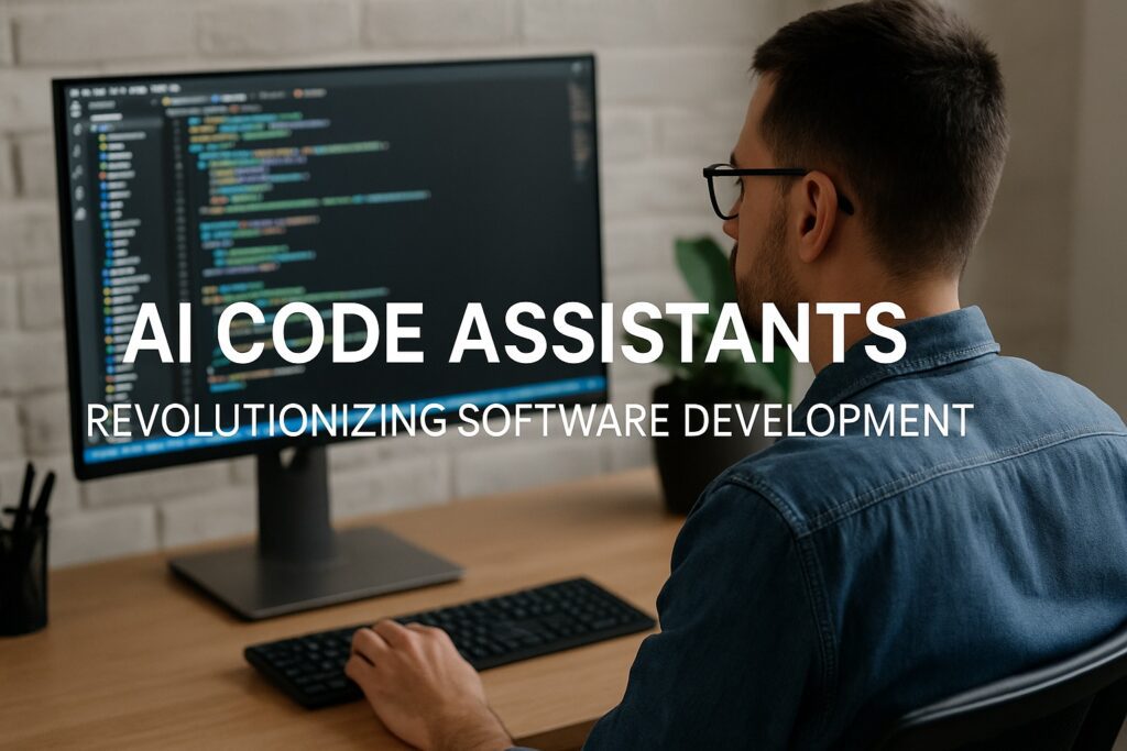 A focused developer working at a desk with an AI code assistant tool on the screen, showcasing colorful code lines and the caption "AI Code Assistants – Revolutionizing Software Development."