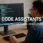 A focused developer working at a desk with an AI code assistant tool on the screen, showcasing colorful code lines and the caption "AI Code Assistants – Revolutionizing Software Development."