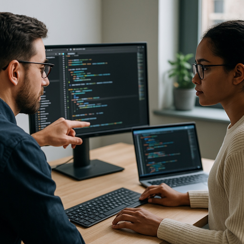 Two software developers collaborate in a modern office, focusing on AI-assisted code displayed on a monitor, demonstrating integration into development workflows.