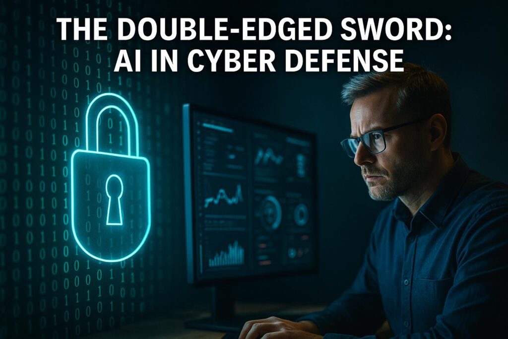 Cybersecurity expert analyzing data, with digital lock symbol representing AI's dual role in cyber defense.