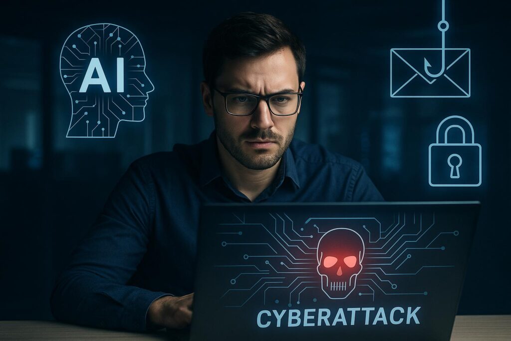 A young man focused on a computer screen displaying AI and cybersecurity visuals, representing the threat of AI-powered cyberattacks in a modern digital environment.