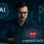 A young man focused on a computer screen displaying AI and cybersecurity visuals, representing the threat of AI-powered cyberattacks in a modern digital environment.