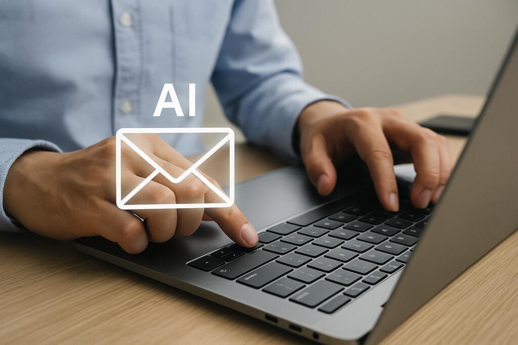 Hands typing on a laptop keyboard with a glowing AI email icon, symbolizing artificial intelligence assisting in email communication.