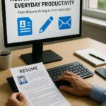 Person reviewing a printed resume while using AI tools on a desktop computer, with icons representing productivity tasks like writing and emailing on the screen.