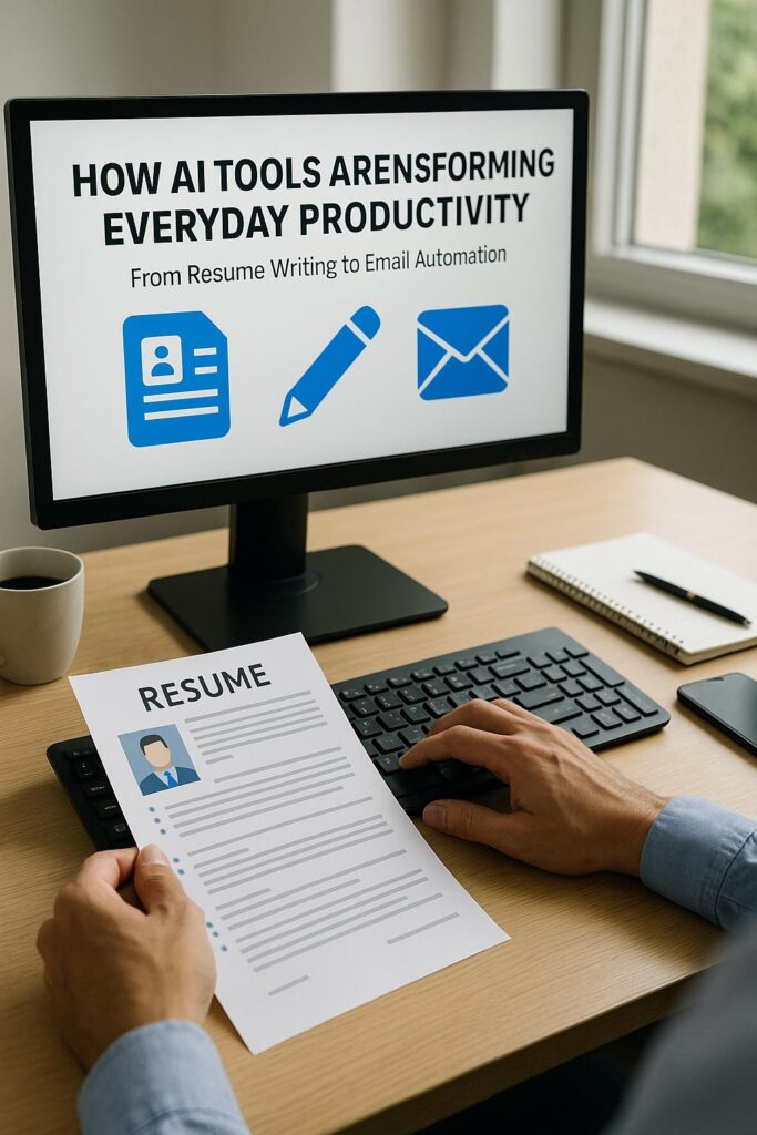 Person reviewing a printed resume while using AI tools on a desktop computer, with icons representing productivity tasks like writing and emailing on the screen.
