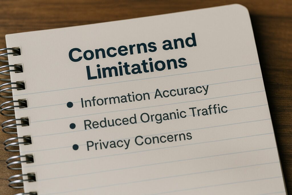 Notebook page listing AI Mode concerns: Information Accuracy, Reduced Organic Traffic, and Privacy Concerns.