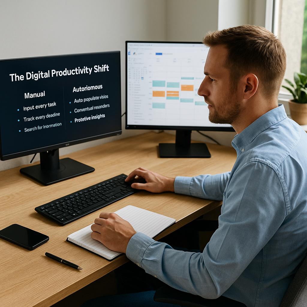 A man working at a dual-monitor desk with a screen displaying 'The Digital Productivity Shift' comparing manual and autonomous workflows.