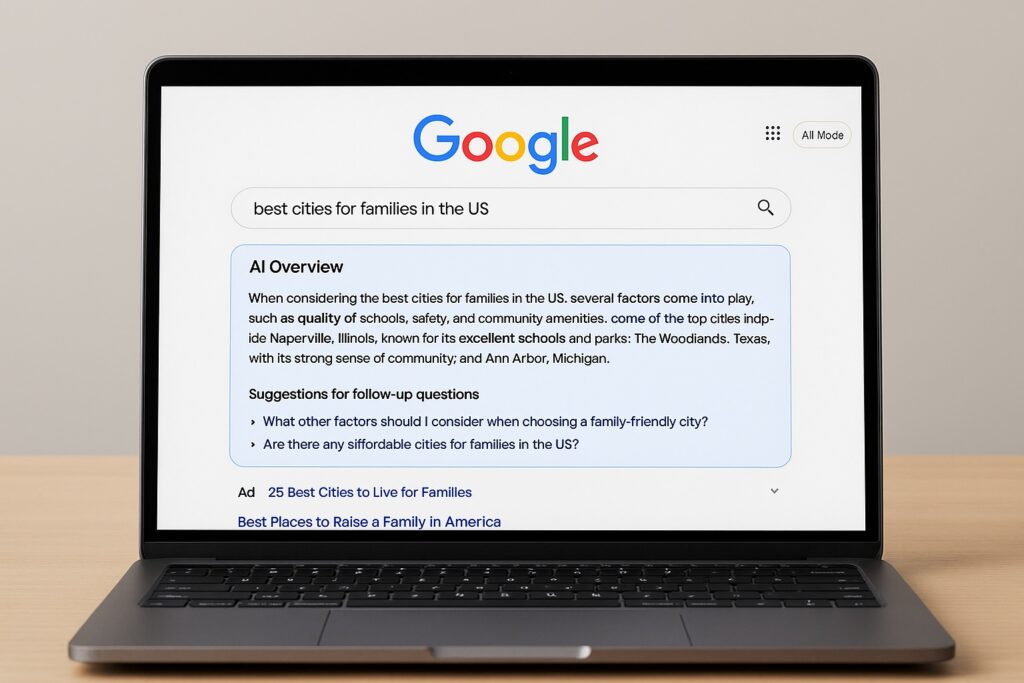Laptop displaying Google AI Mode interface with AI-generated search summary and follow-up suggestions.