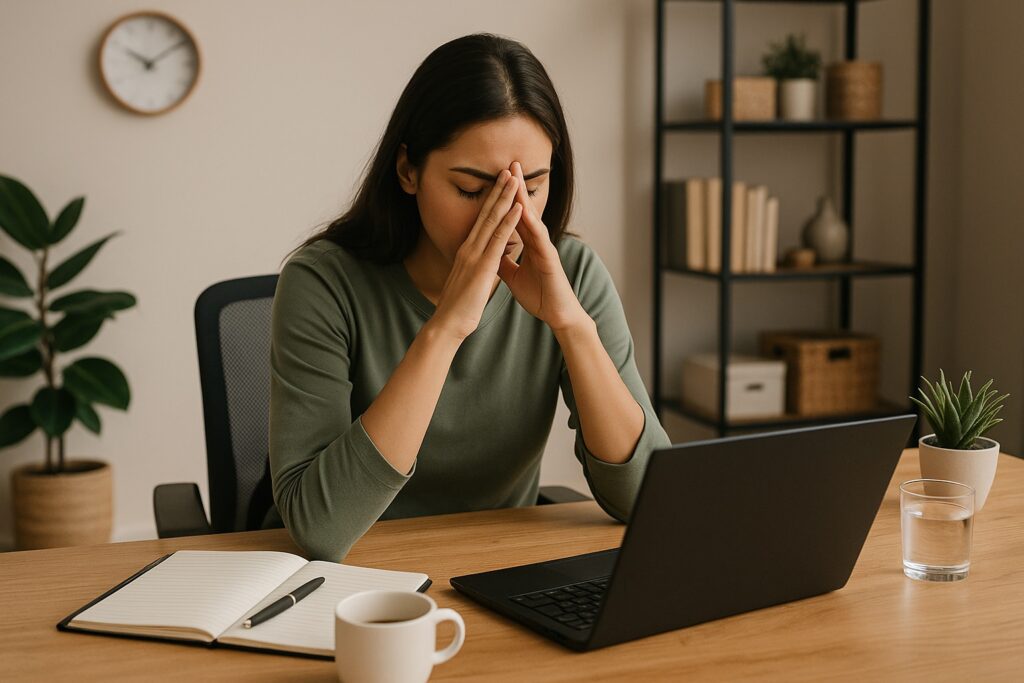 Stressed young woman managing multiple tasks at her desk, representing burnout from juggling several income streams.