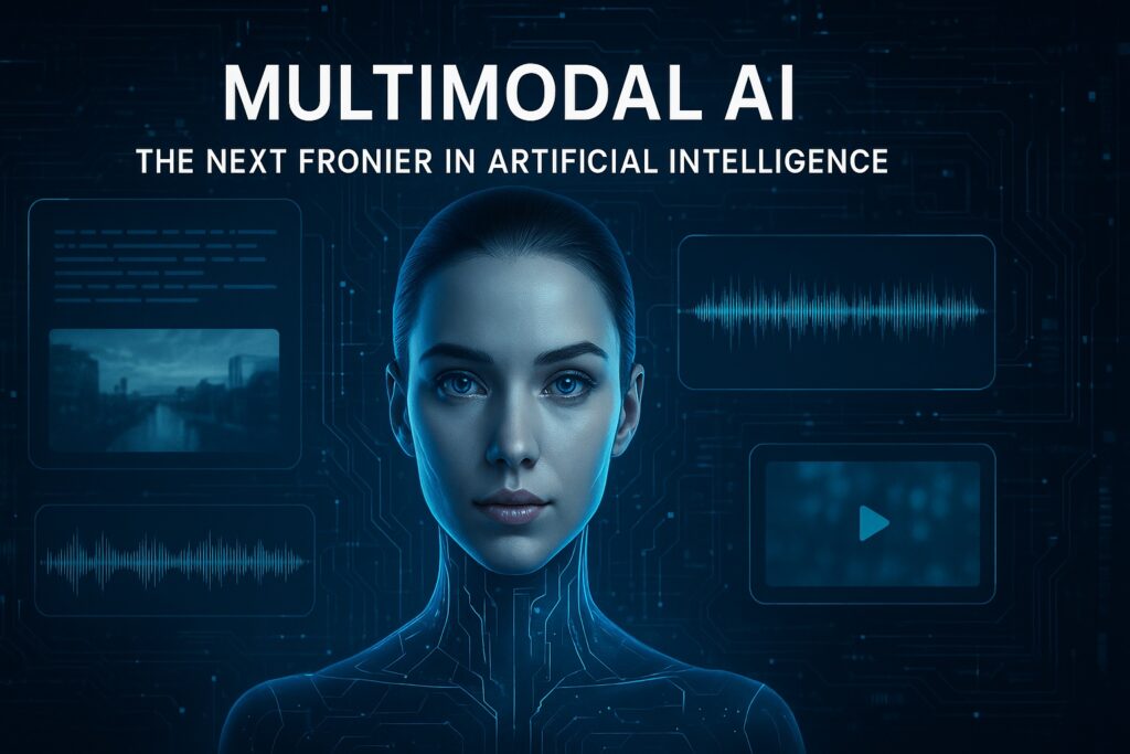 Realistic digital illustration of a futuristic AI interface representing Multimodal Artificial Intelligence with visual, audio, and text data integration.