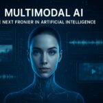 Realistic digital illustration of a futuristic AI interface representing Multimodal Artificial Intelligence with visual, audio, and text data integration.