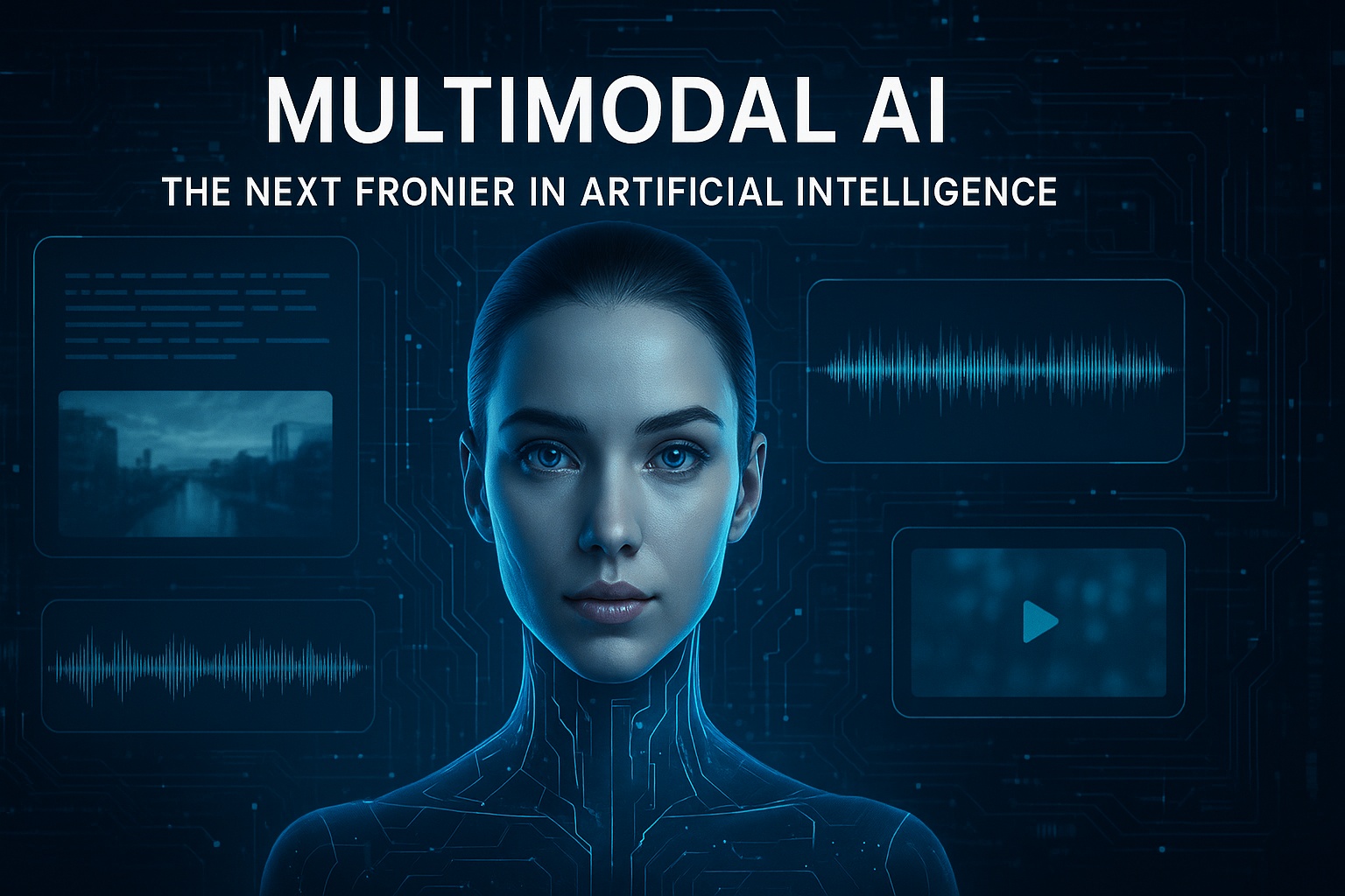 Realistic digital illustration of a futuristic AI interface representing Multimodal Artificial Intelligence with visual, audio, and text data integration.