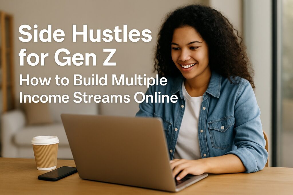 Young Gen Z woman working on a laptop at a cozy desk, representing online side hustles and multiple income streams.