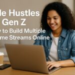 Young Gen Z woman working on a laptop at a cozy desk, representing online side hustles and multiple income streams.