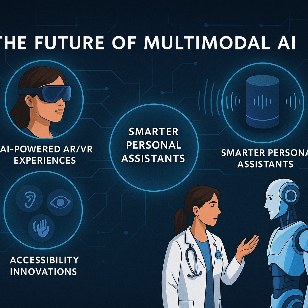 Futuristic illustration of the future of Multimodal AI, featuring AR/VR experiences, smart assistants, accessibility innovations, and human-AI collaboration.