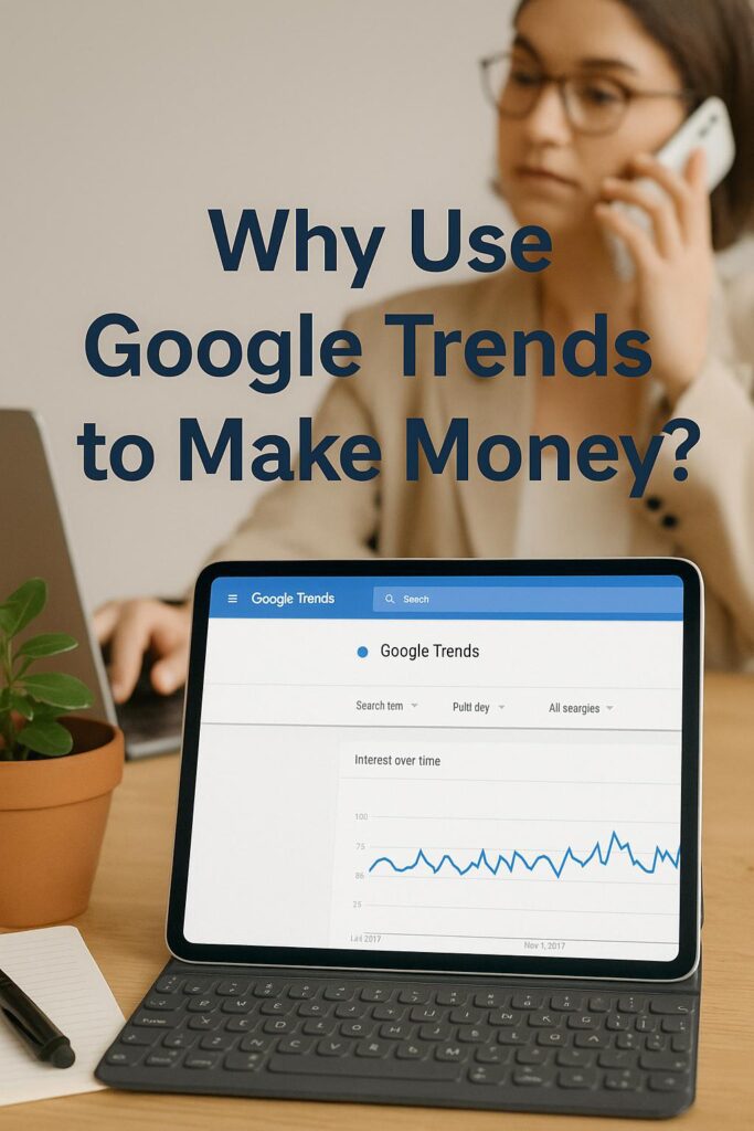 Professional woman using phone and laptop at a desk with a tablet displaying Google Trends and the text “Why Use Google Trends to Make Money?” in bold.