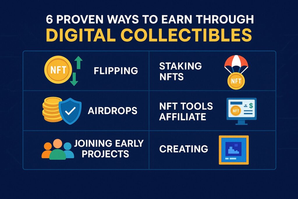 Infographic illustrating six proven ways to earn income through digital collectibles and NFTs, including creating, flipping, staking, and affiliate strategies.
