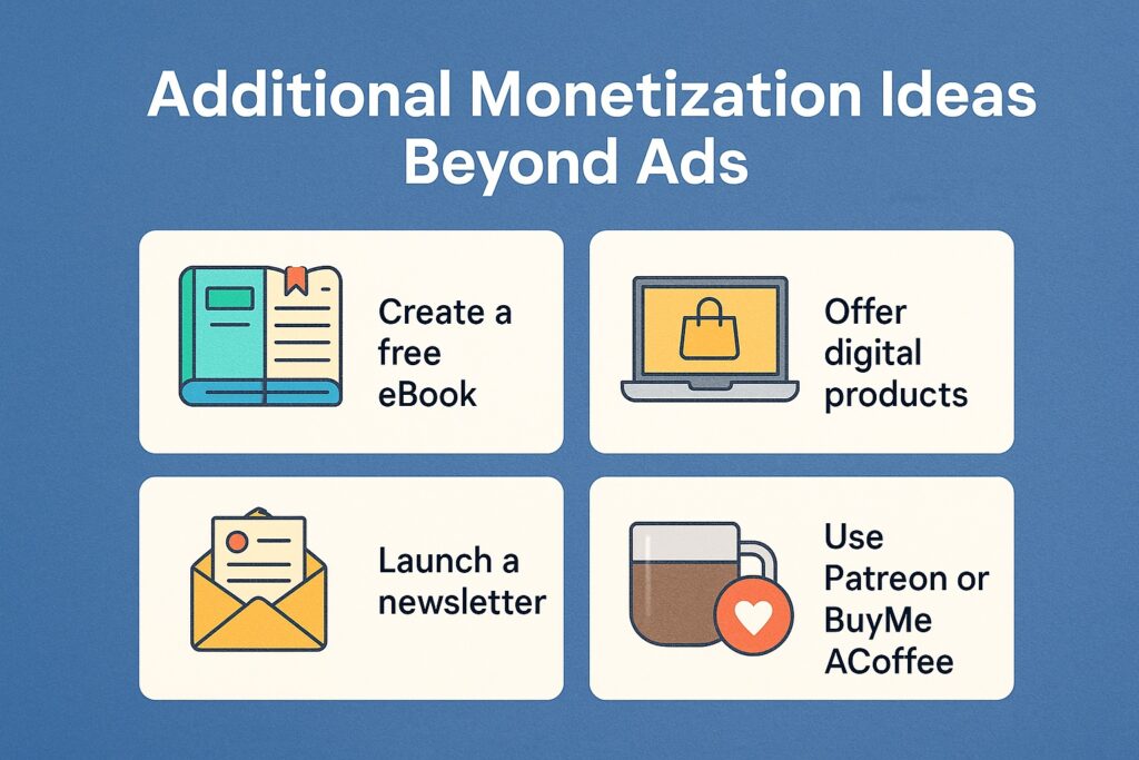 Infographic showing additional monetization ideas beyond ads, including creating a free eBook, offering digital products, launching a newsletter, and using Patreon or BuyMeACoffee.