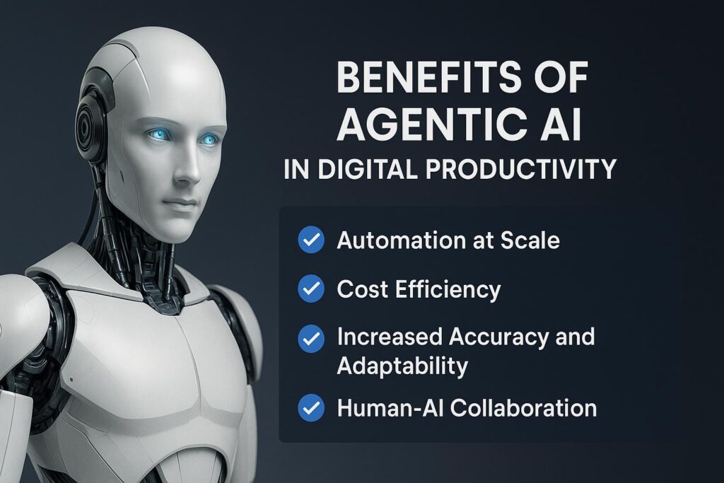 A humanoid robot beside a clear infographic listing the benefits of Agentic AI in digital productivity, including automation, cost efficiency, accuracy, and collaboration.