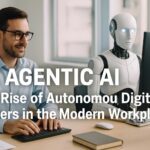 A man and a humanoid robot working side by side at a modern office desk, symbolizing the rise of Agentic AI and autonomous digital workers.
