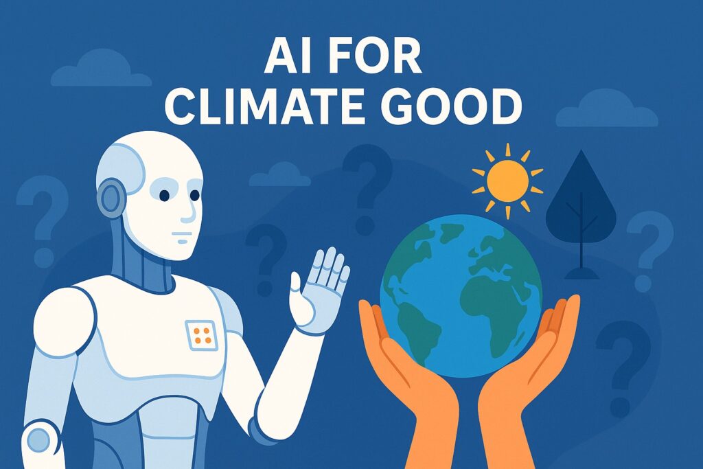 AI robot and human hands holding Earth, symbolizing artificial intelligence supporting climate action and environmental sustainability.