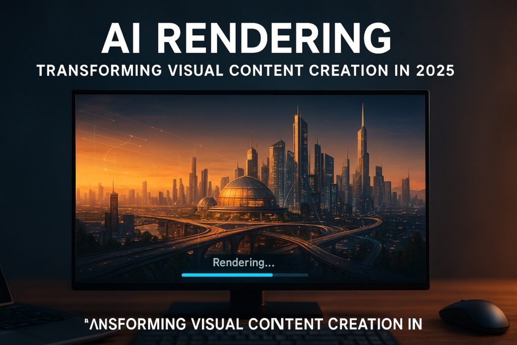 AI rendering futuristic cityscape on computer screen illustrating visual content creation in 2025 with sunset lighting and digital progress bar.