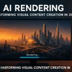 AI rendering futuristic cityscape on computer screen illustrating visual content creation in 2025 with sunset lighting and digital progress bar.