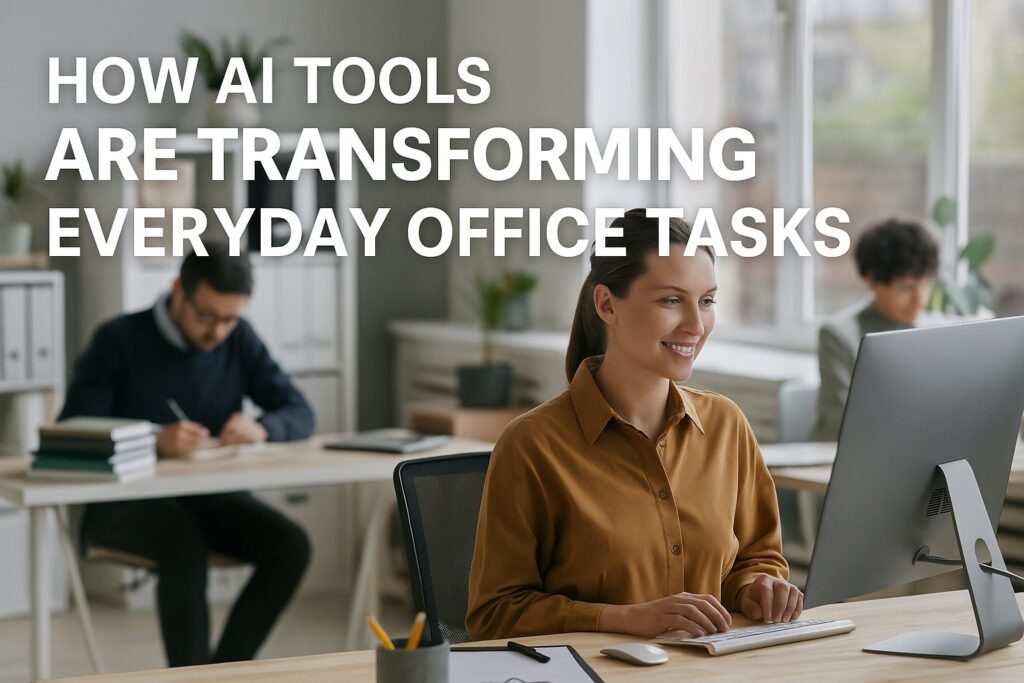 Office workers using AI tools on computers in a modern workspace, illustrating how AI enhances productivity in everyday tasks.