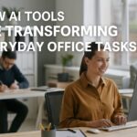 Office workers using AI tools on computers in a modern workspace, illustrating how AI enhances productivity in everyday tasks.