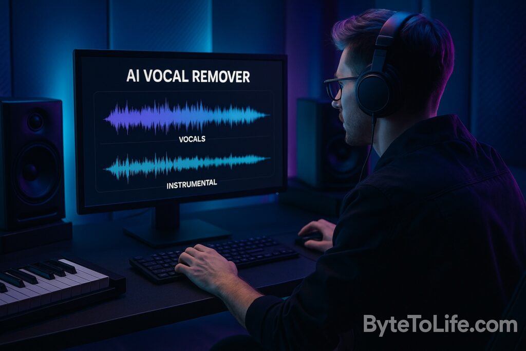 Music producer using AI vocal remover software in a neon-lit studio to separate vocals and instrumentals on a computer screen