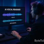Music producer using AI vocal remover software in a neon-lit studio to separate vocals and instrumentals on a computer screen