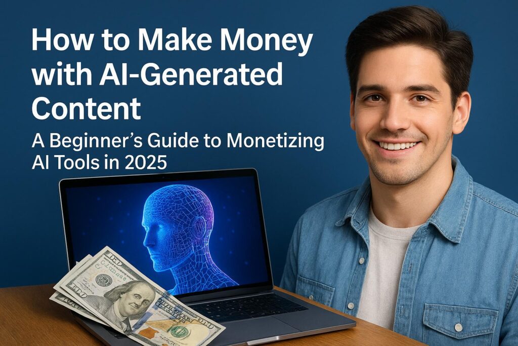 AI-generated content monetization guide 2025 – young man with laptop, digital AI head, and money representing earning income with AI tools.