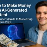 AI-generated content monetization guide 2025 – young man with laptop, digital AI head, and money representing earning income with AI tools.