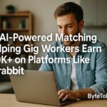 Freelancer working on a laptop in a cozy home setting, representing AI-powered gig work success on platforms like Taskrabbit – ByteToLife.com