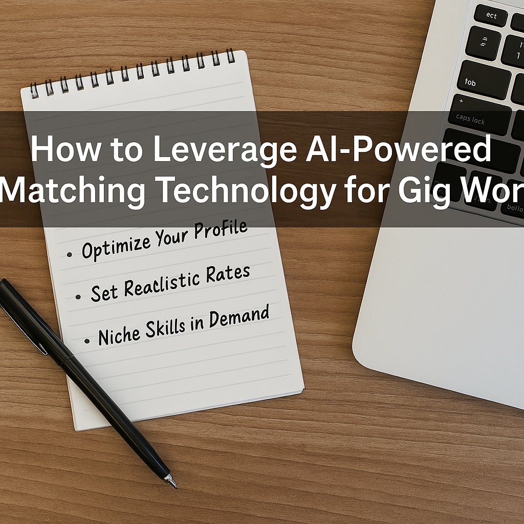 Notebook, pen, and laptop representing how freelancers can leverage AI-powered matching technology for gig work success.