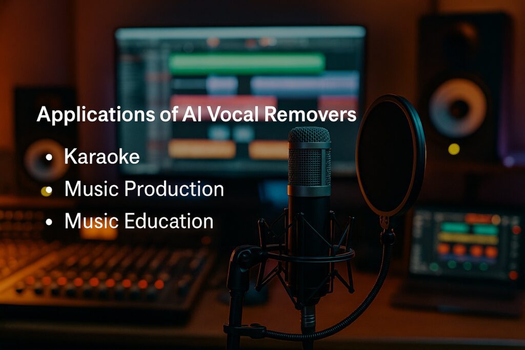 Recording studio with a microphone and pop filter in focus, showcasing AI vocal remover applications: Karaoke, Music Production, and Music Education displayed on screen