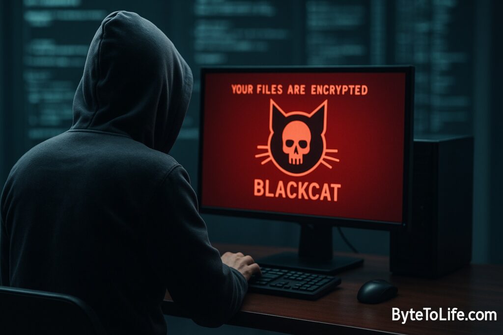 Hacker in hoodie facing computer screen displaying BlackCat ransomware alert with skull and cat logo, representing cybercrime disruption – ByteToLife.com